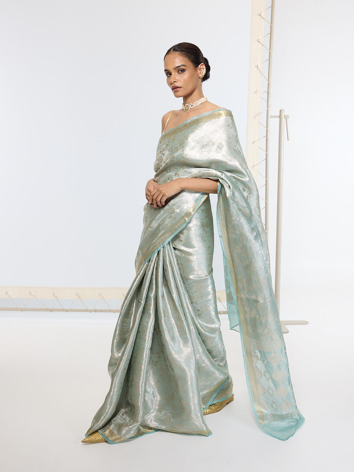 Handwoven Sea Green Tissue Sari