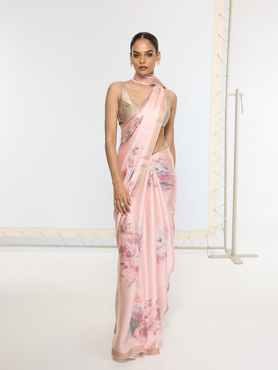 Handwoven Rose Quartz Printed Sari