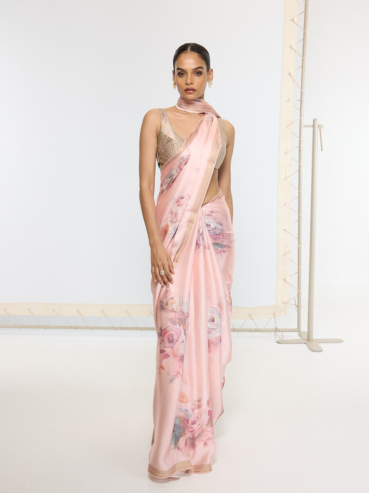 Handwoven Rose Quartz Printed Sari
