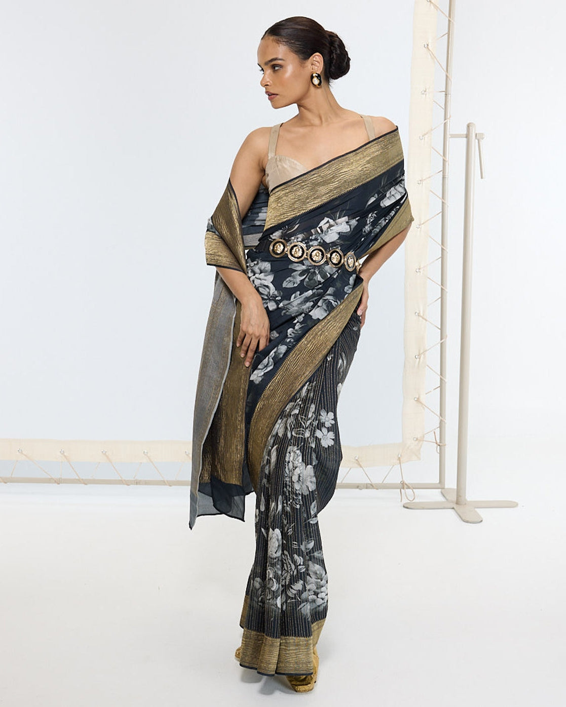Handwoven Midnight Black Printed Sari