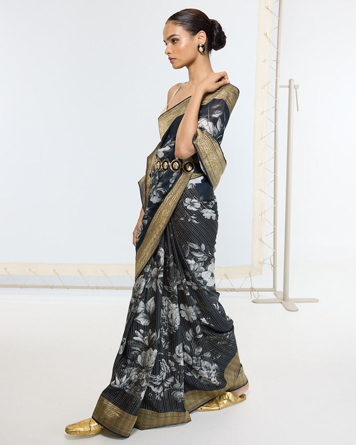 Handwoven Midnight Black Printed Sari