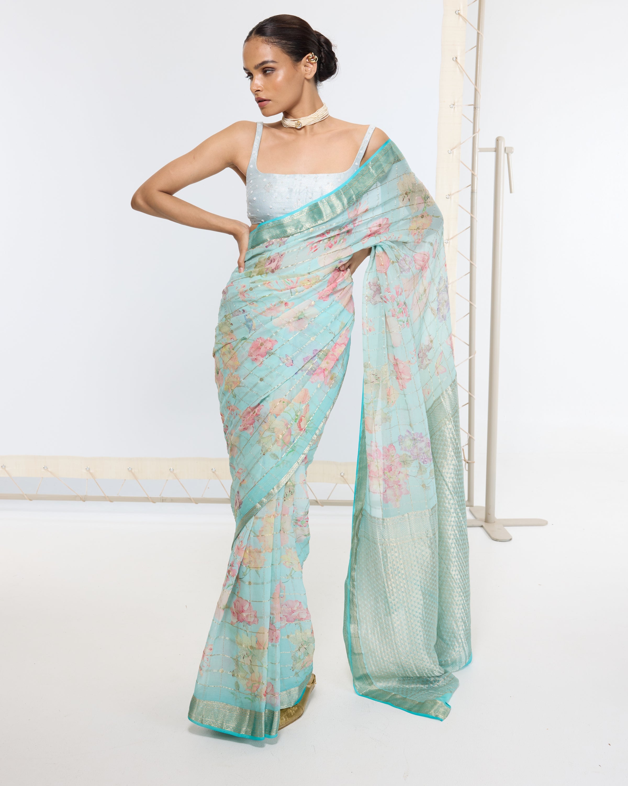 Handwoven Baby Blue Printed Sari