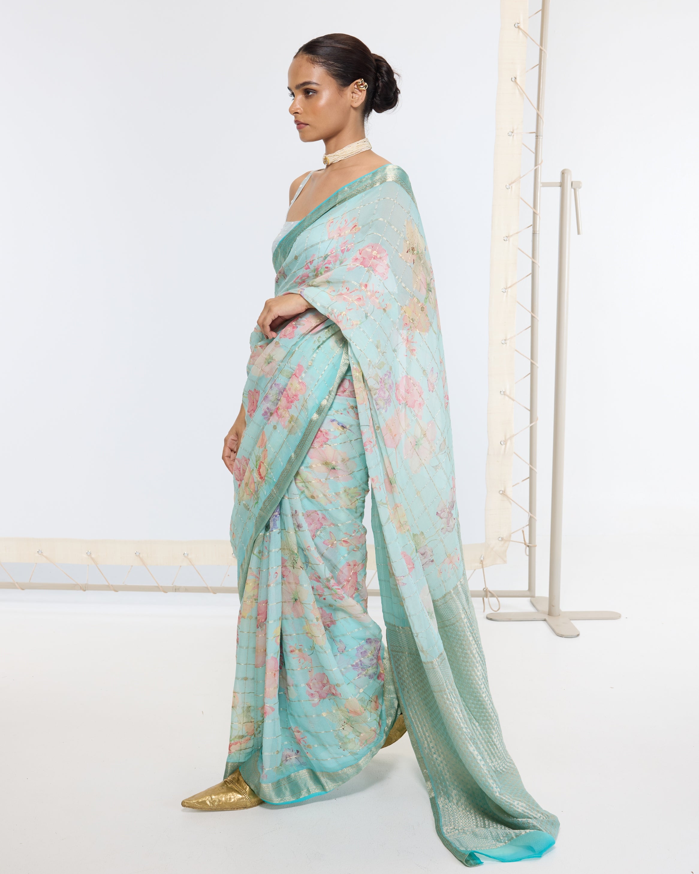 Handwoven Baby Blue Printed Sari