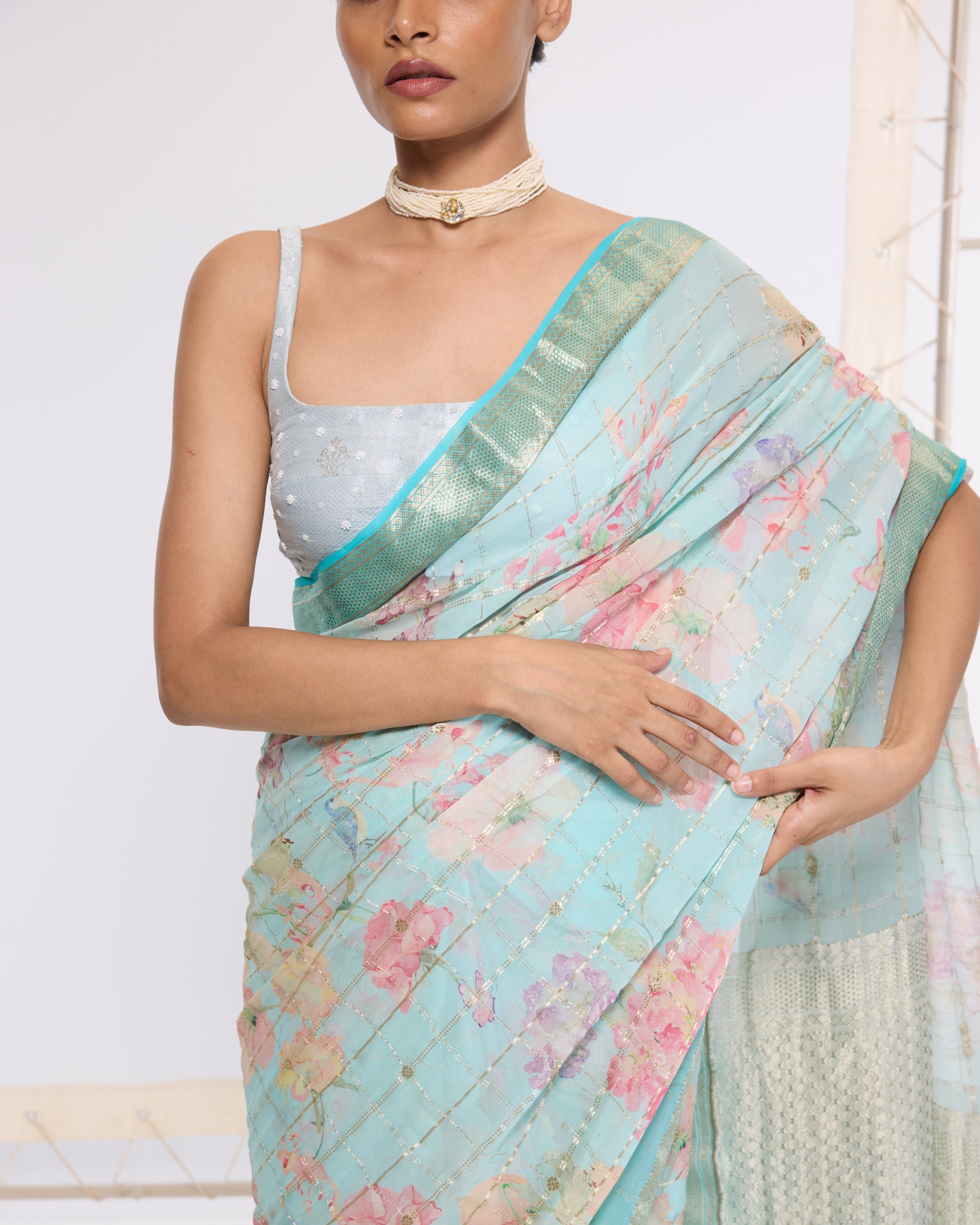Handwoven Baby Blue Printed Sari