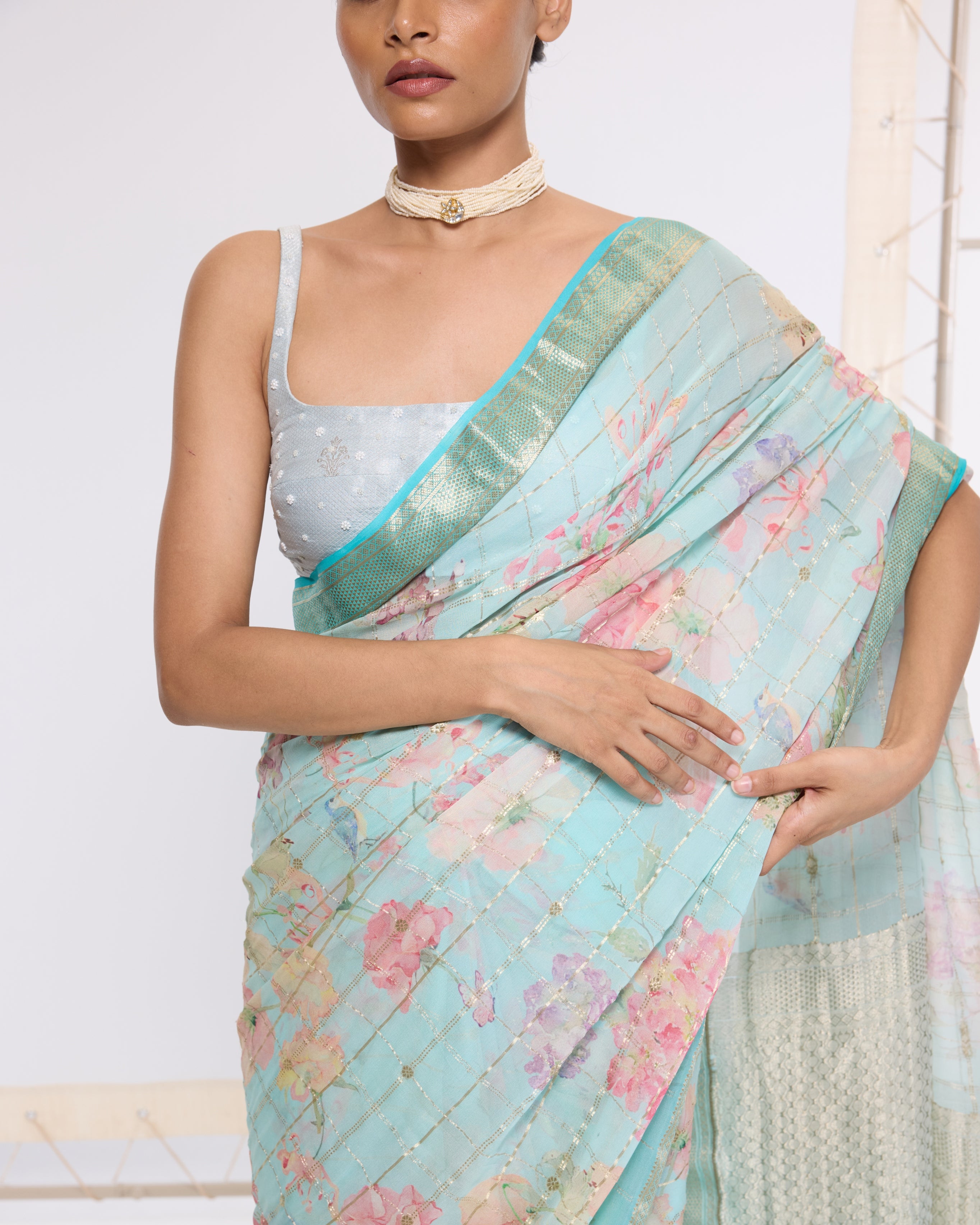Handwoven Baby Blue Printed Sari