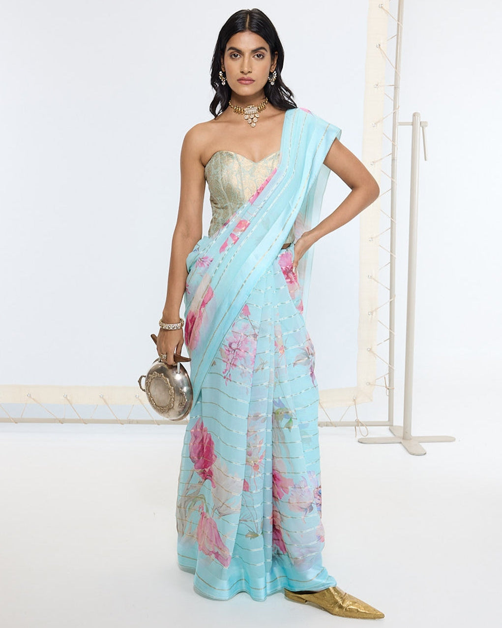 Handwoven Aqua Blue Printed Sari