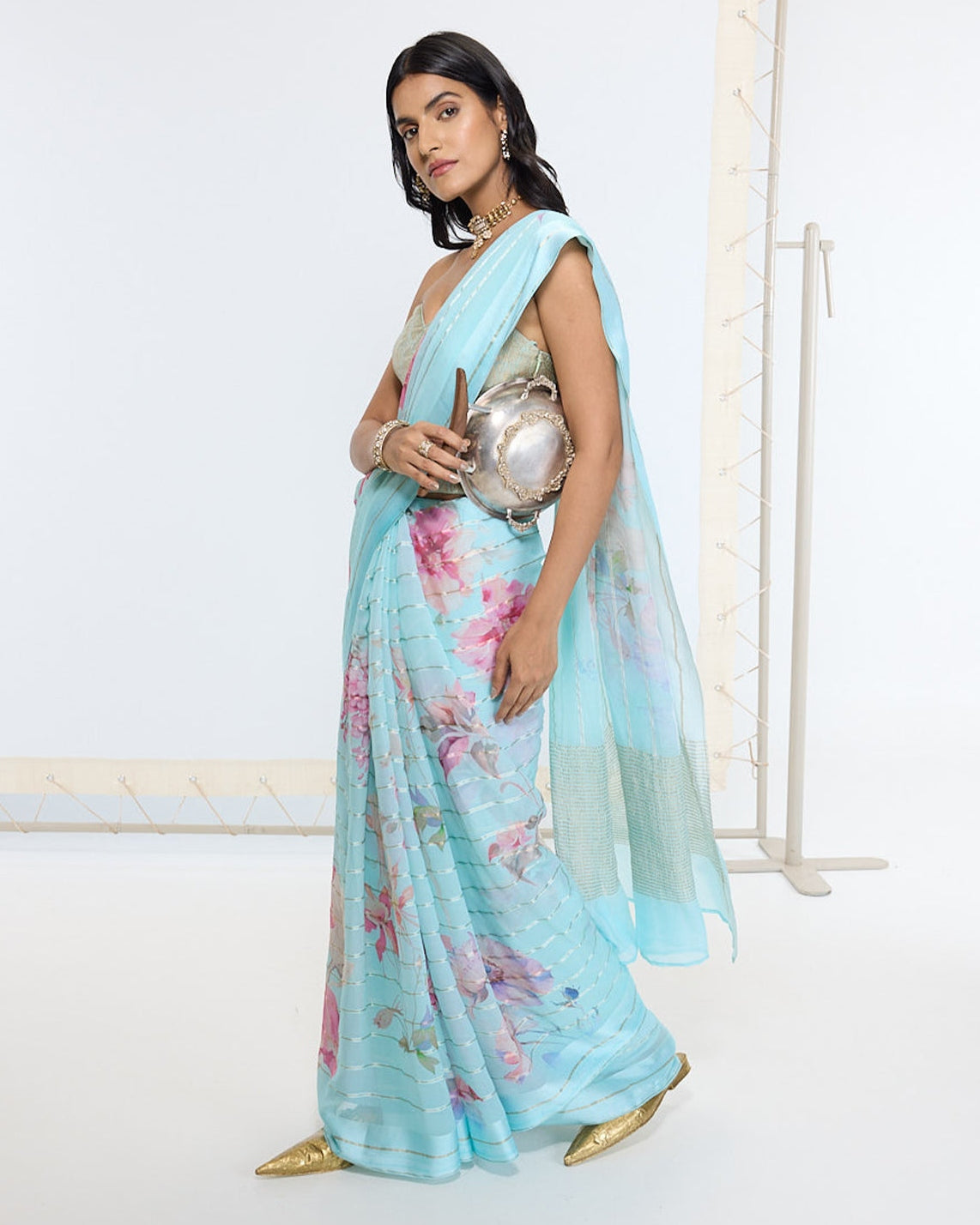 Handwoven Aqua Blue Printed Sari