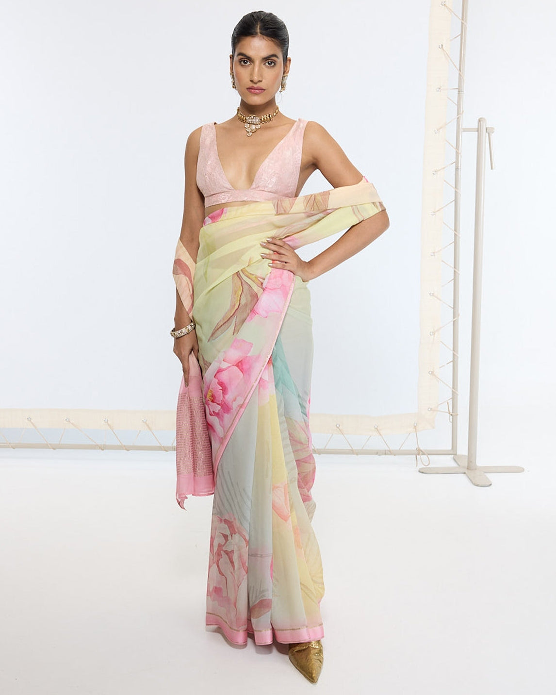 Handwoven Banana Cream Printed Sari