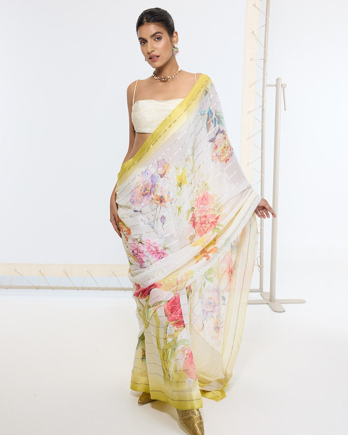 Handwoven Off-White Printed Sari