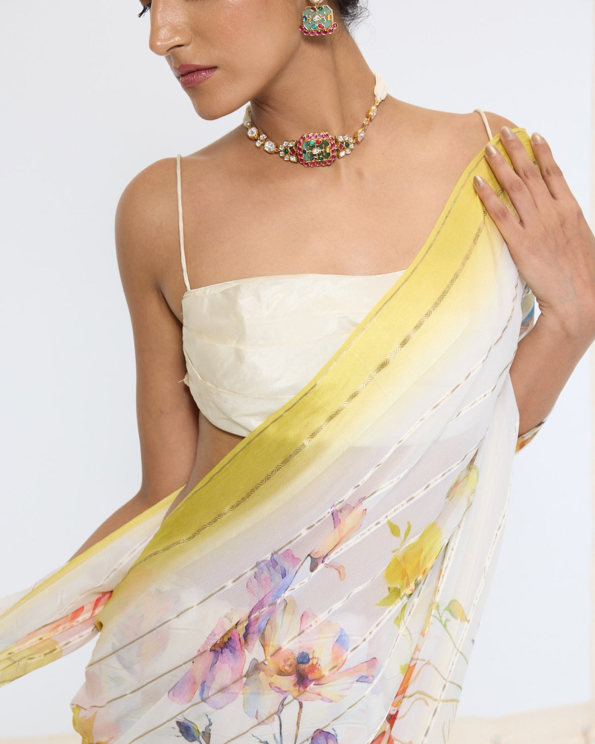 Handwoven Off-White Printed Sari
