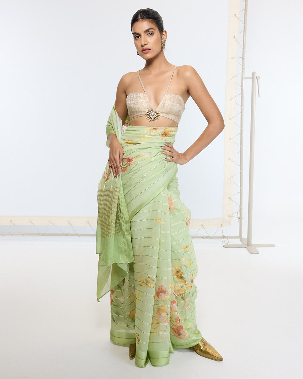 Handwoven Sage Green Printed Sari