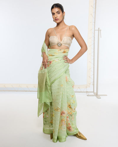 Handwoven Sage Green Printed Sari