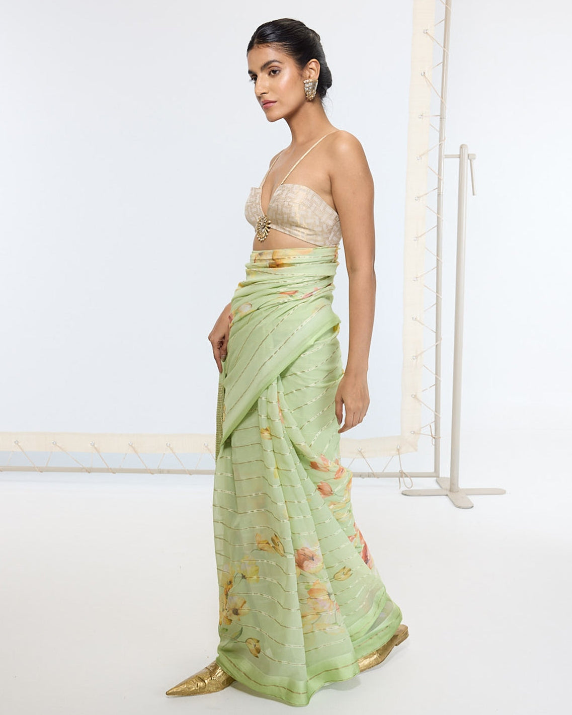 Handwoven Sage Green Printed Sari