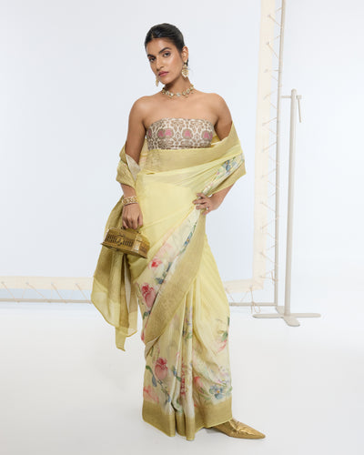 Handwoven Pastel Yellow Printed Sari