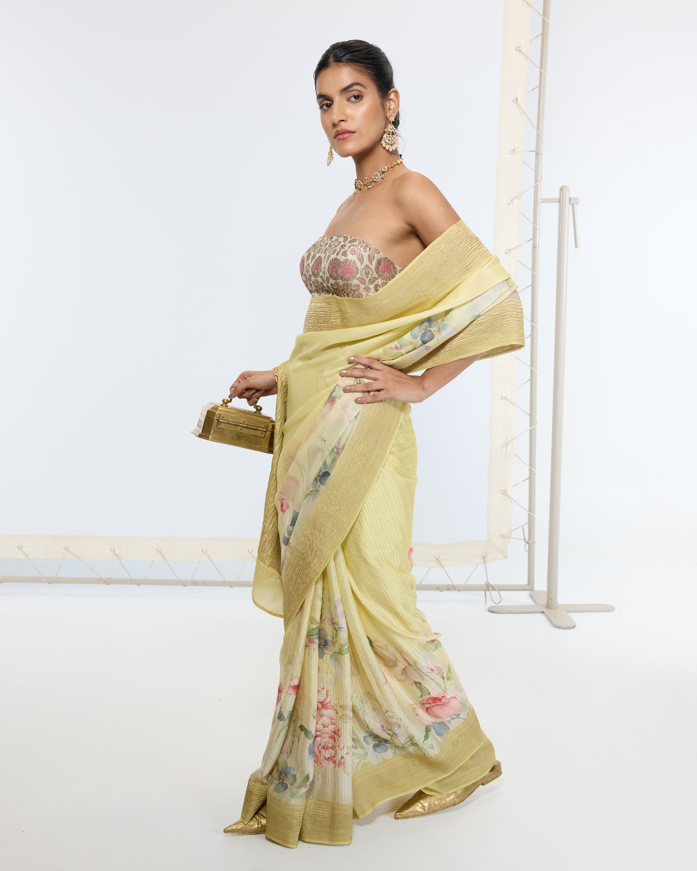 Handwoven Pastel Yellow Printed Sari
