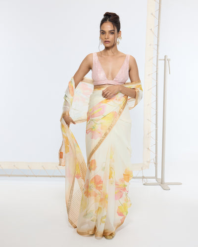 Handwoven Honey Mustard Printed Sari