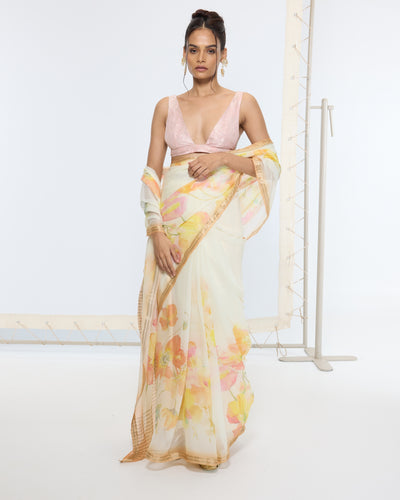 Handwoven Honey Mustard Printed Sari