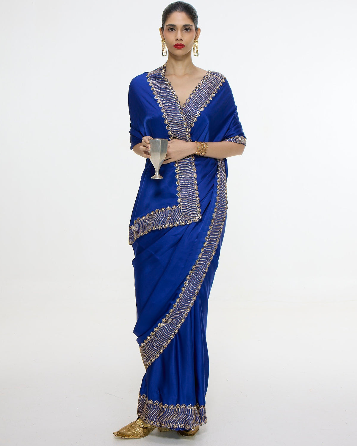 Handwoven Marine Blue Mashroo Silk Sari With Embroidered Border