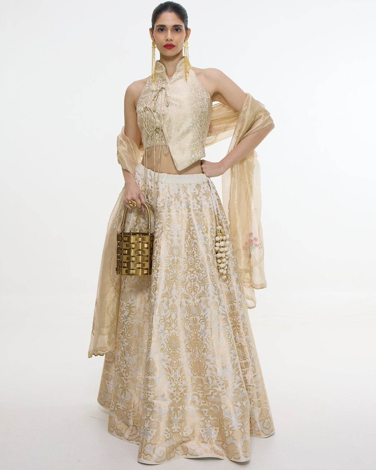 Handwoven Ivory-Gold Silk Lehenga Set