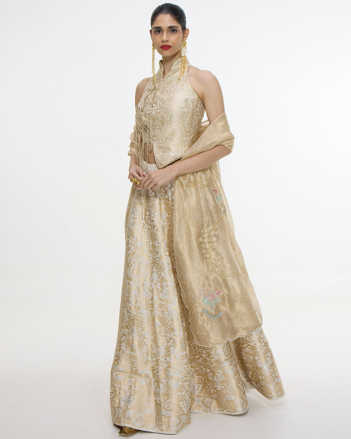 Handwoven Ivory-Gold Silk Lehenga Set