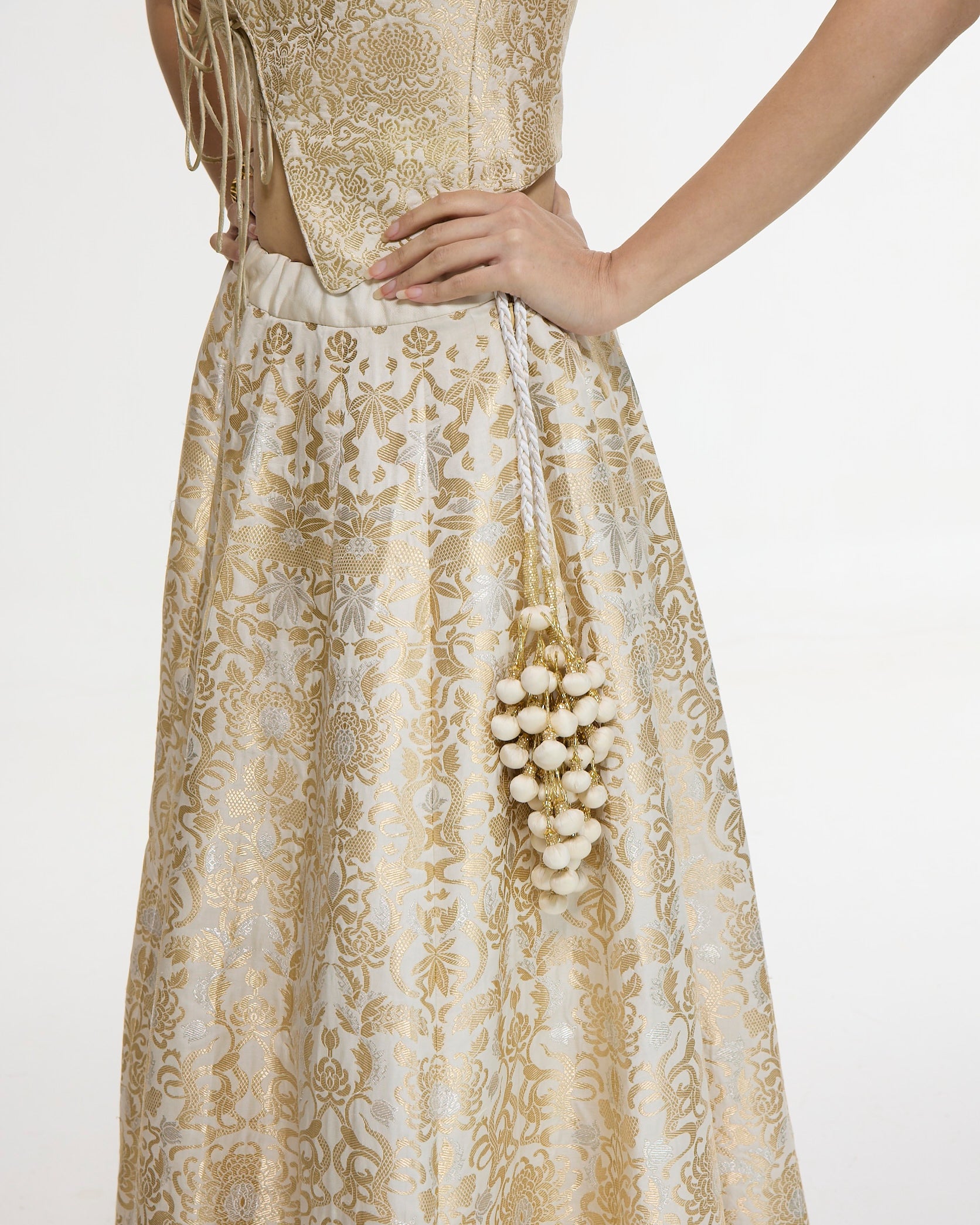 Handwoven Ivory-Gold Silk Lehenga Set