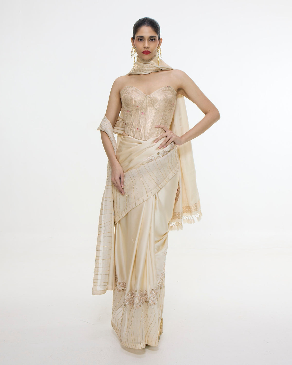 Handwoven Ecru Mashroo Silk Sari with an Embroidered Border