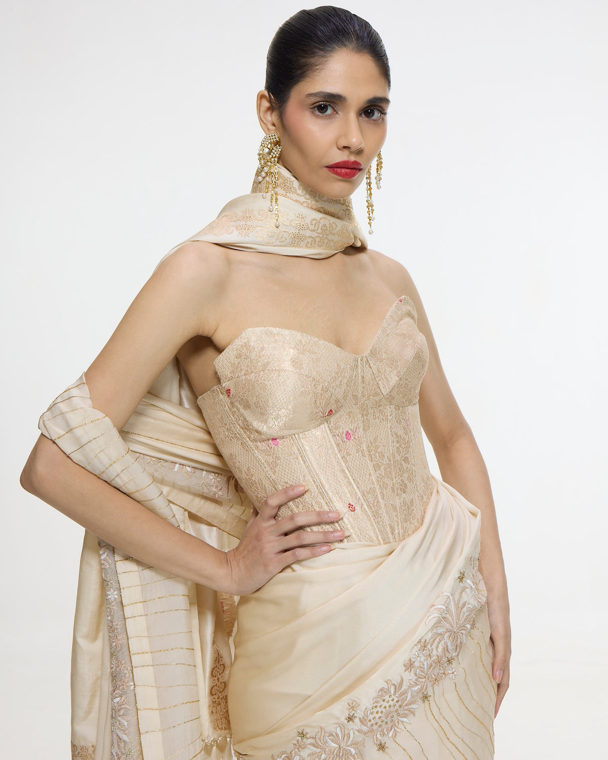 Handwoven Ecru Mashroo Silk Sari with an Embroidered Border