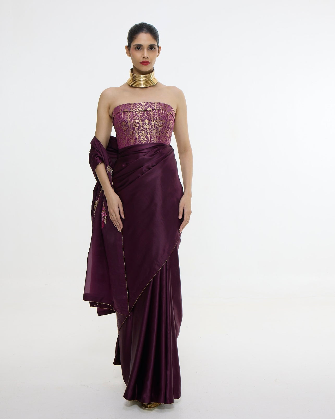 Handwoven Maroon Sari With Embroidered Panel