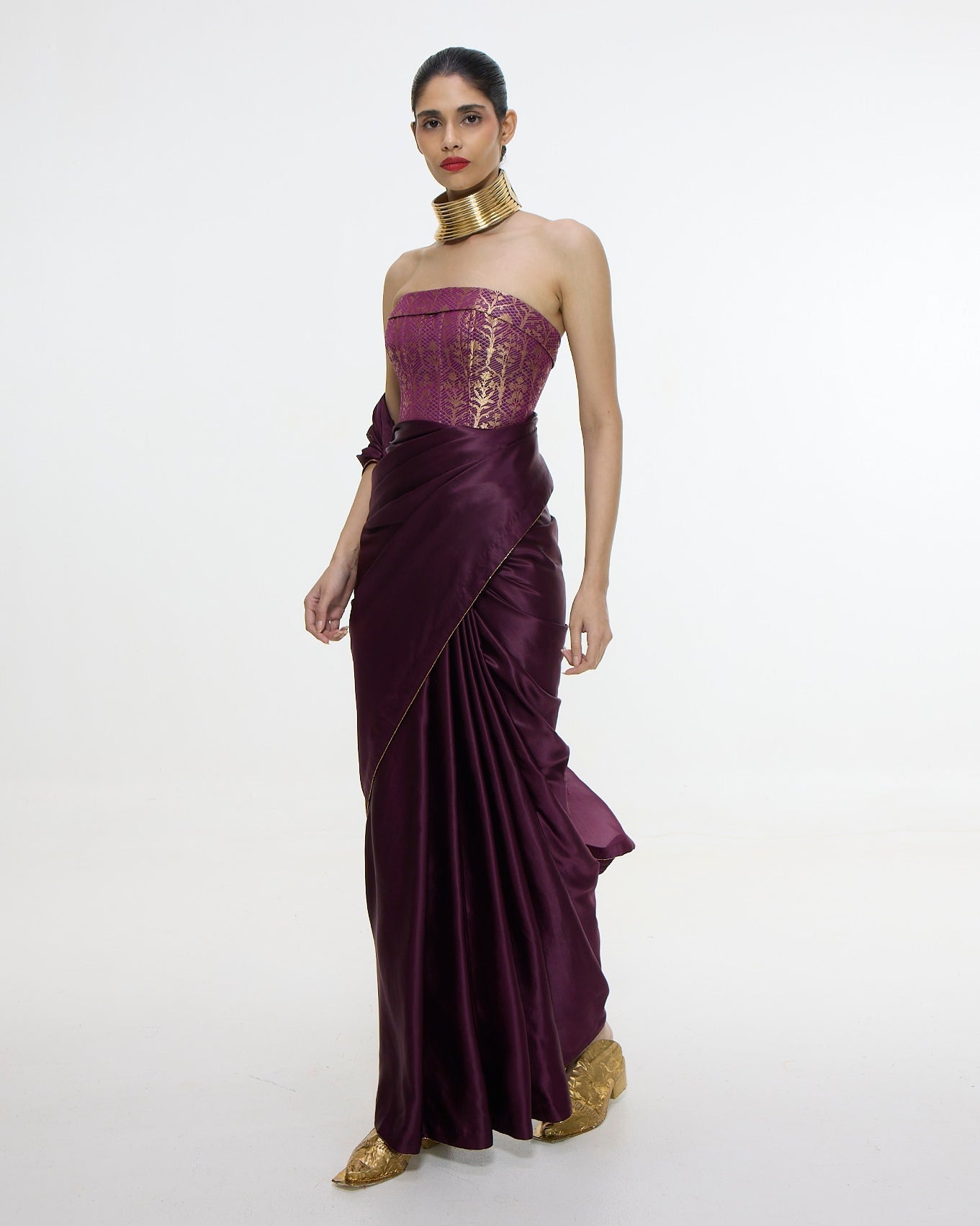 Handwoven Maroon Sari With Embroidered Panel