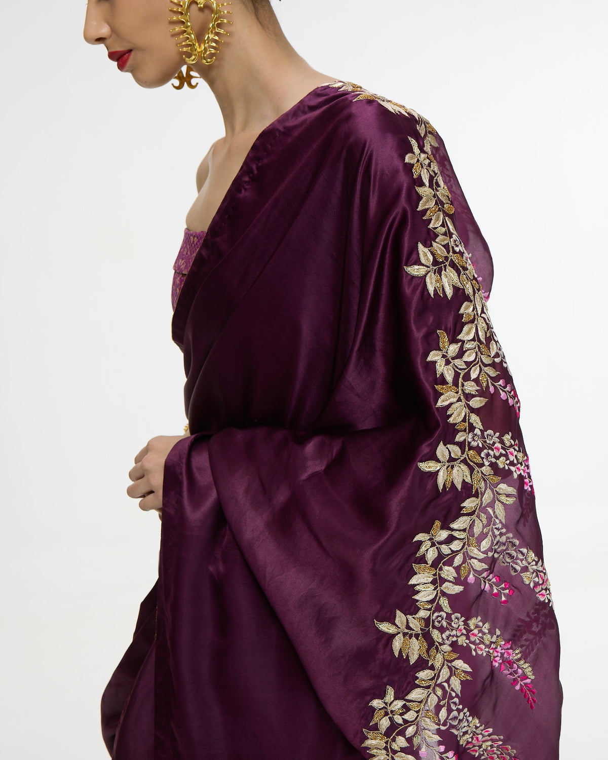 Handwoven Maroon Sari With Embroidered Panel