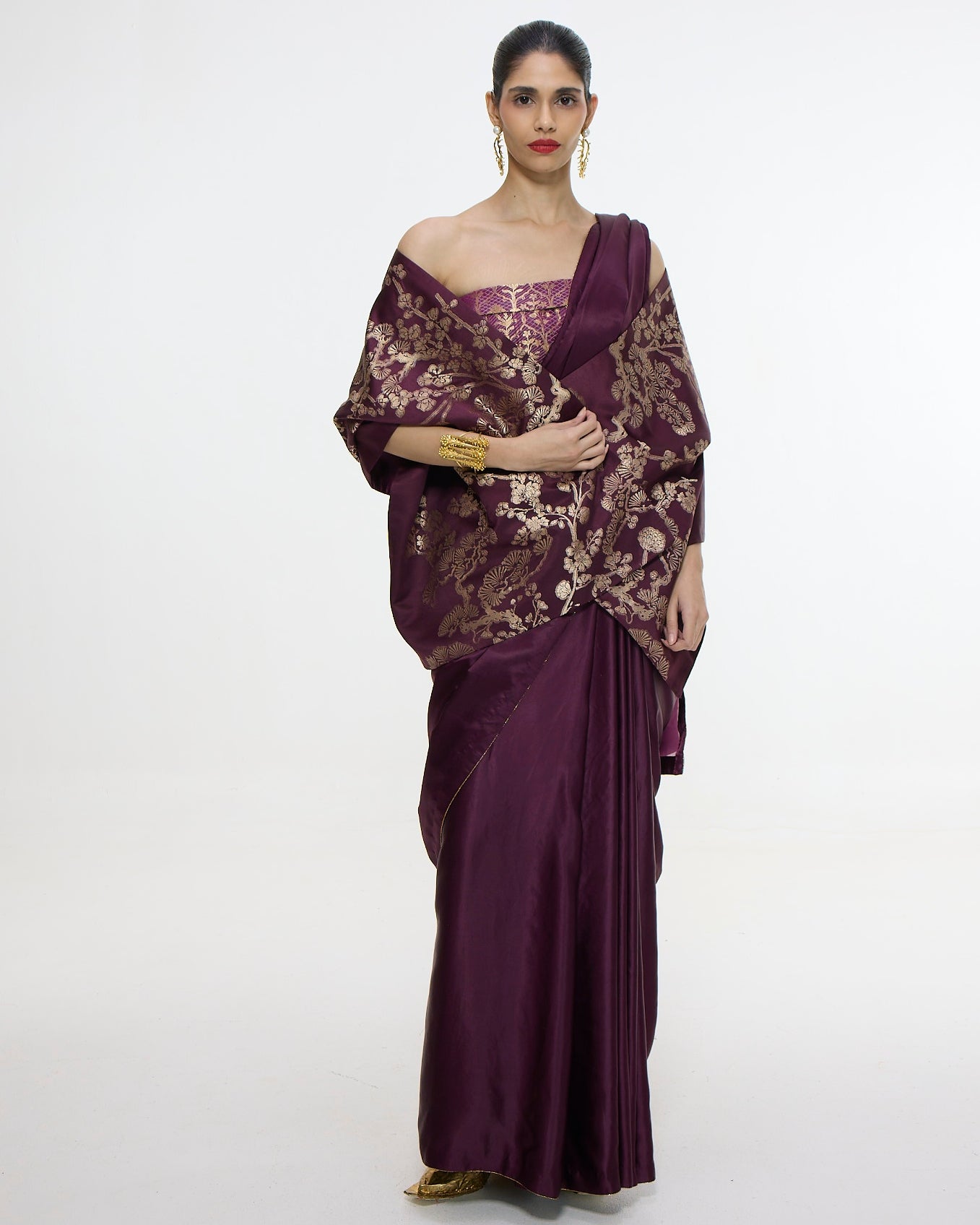 Handwoven Maroon Sari With Embroidered Panel