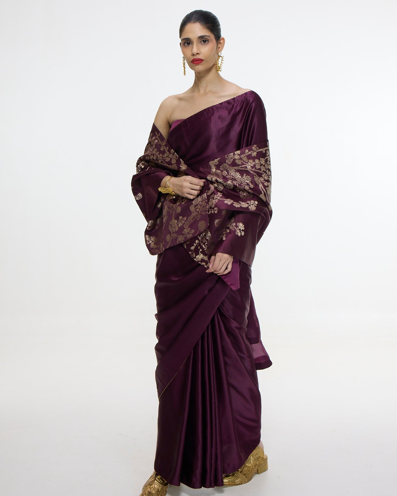 Handwoven Maroon Sari With Embroidered Panel