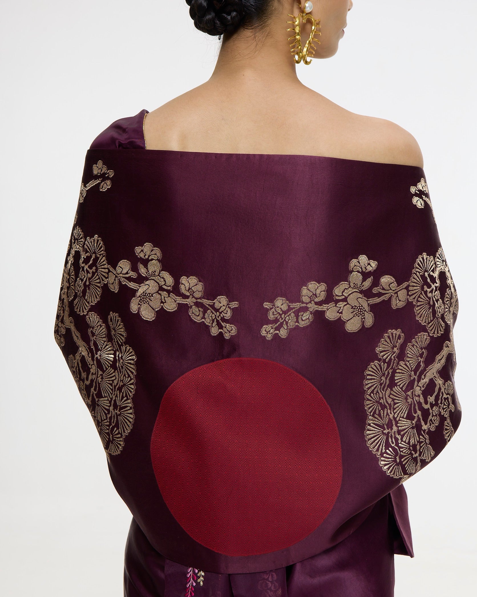 Handwoven Maroon Sari With Embroidered Panel