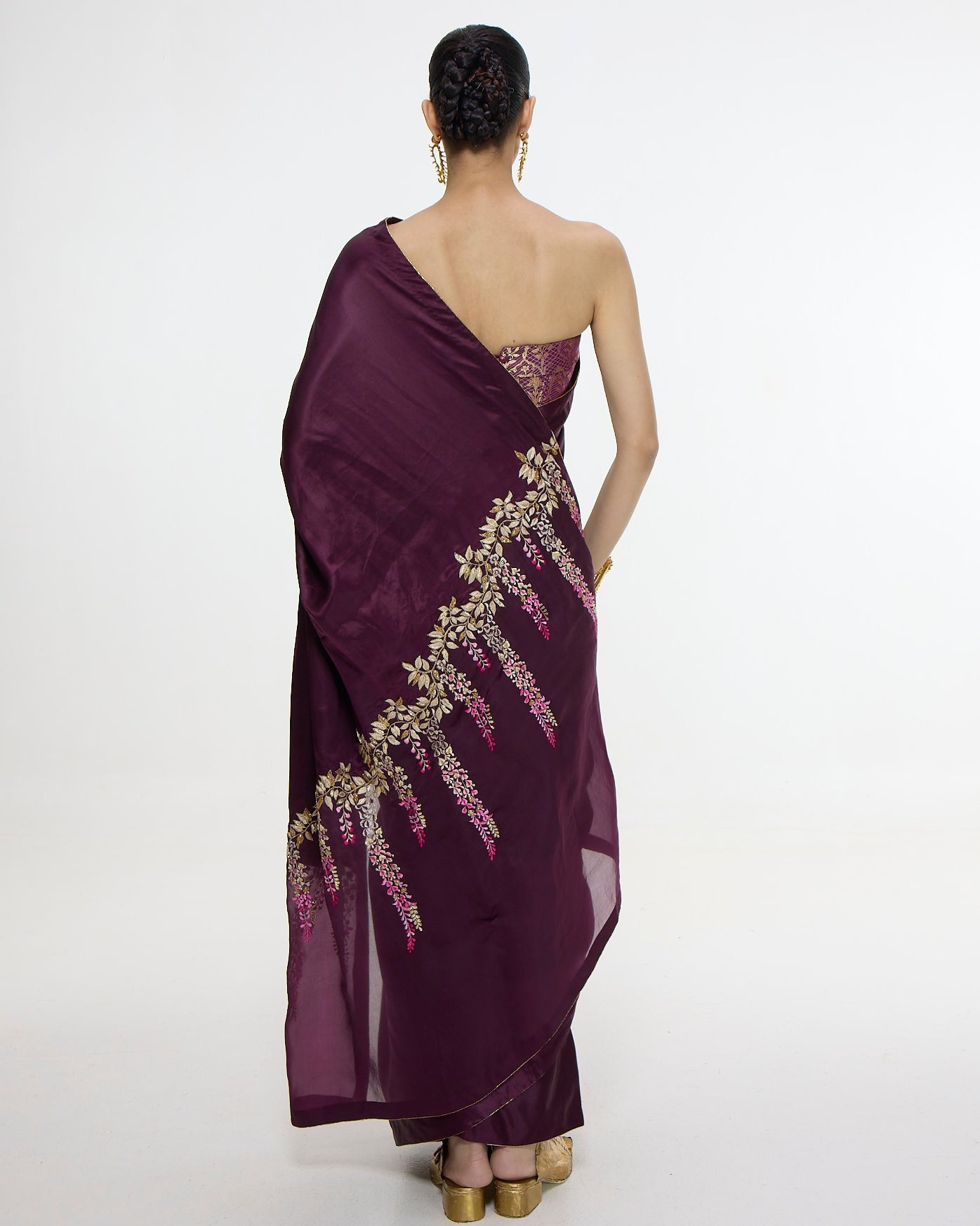 Handwoven Maroon Sari With Embroidered Panel