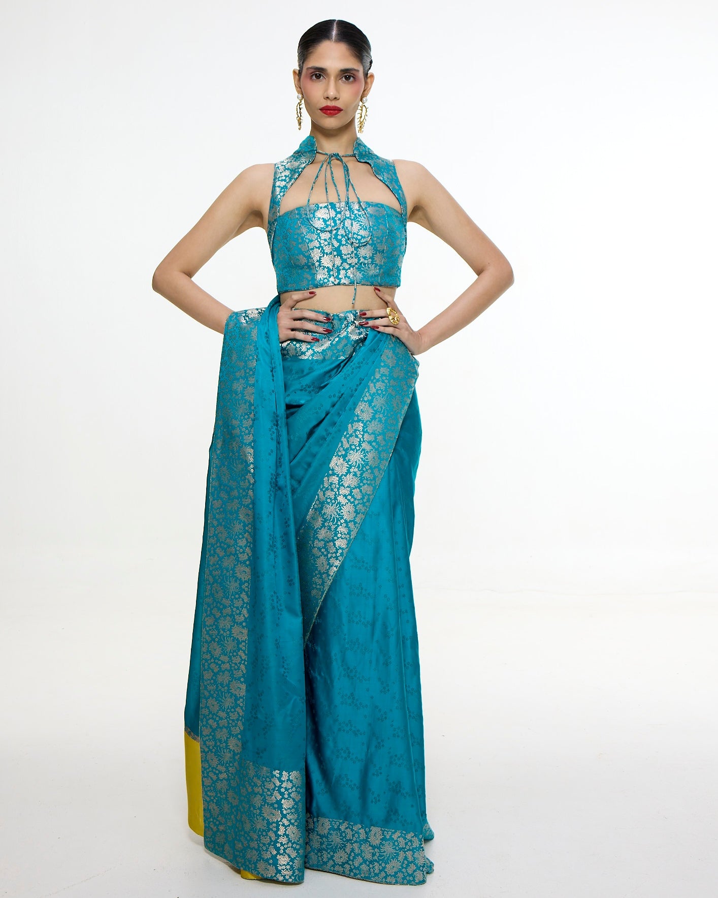 Handwoven Coral Blue Sari