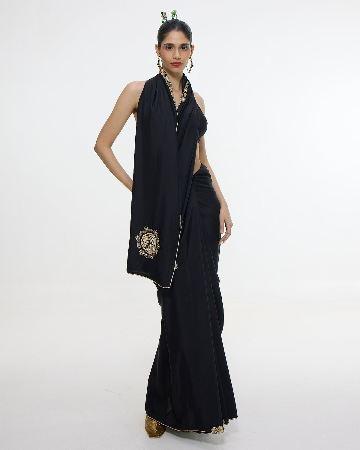 Handwoven Black Mashroo Silk Sari With Gold Button Detailing