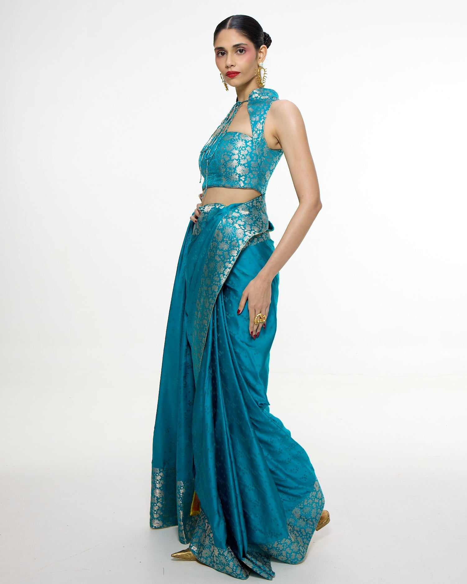 Handwoven Coral Blue Sari