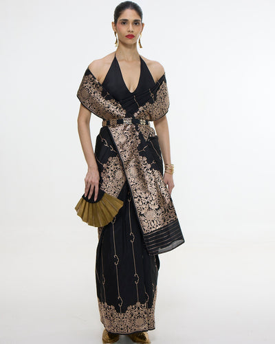 Handwoven Black Mashroo Silk Sari