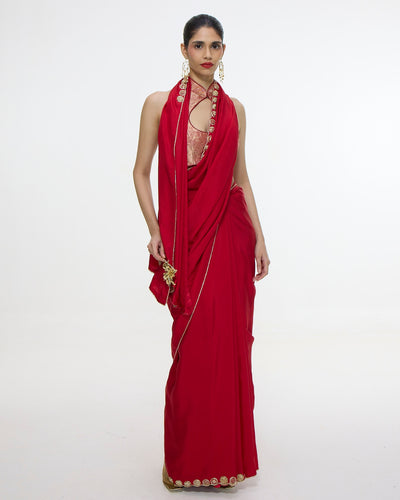 Handwoven Embroidered Vermillion Sari With Gold Button Detailing