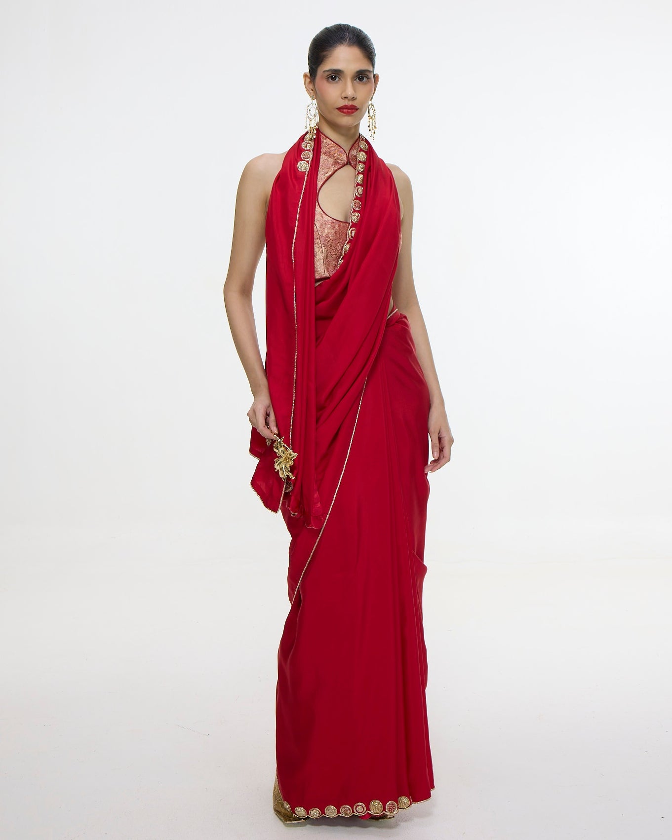 Handwoven Embroidered Vermillion Sari With Gold Button Detailing