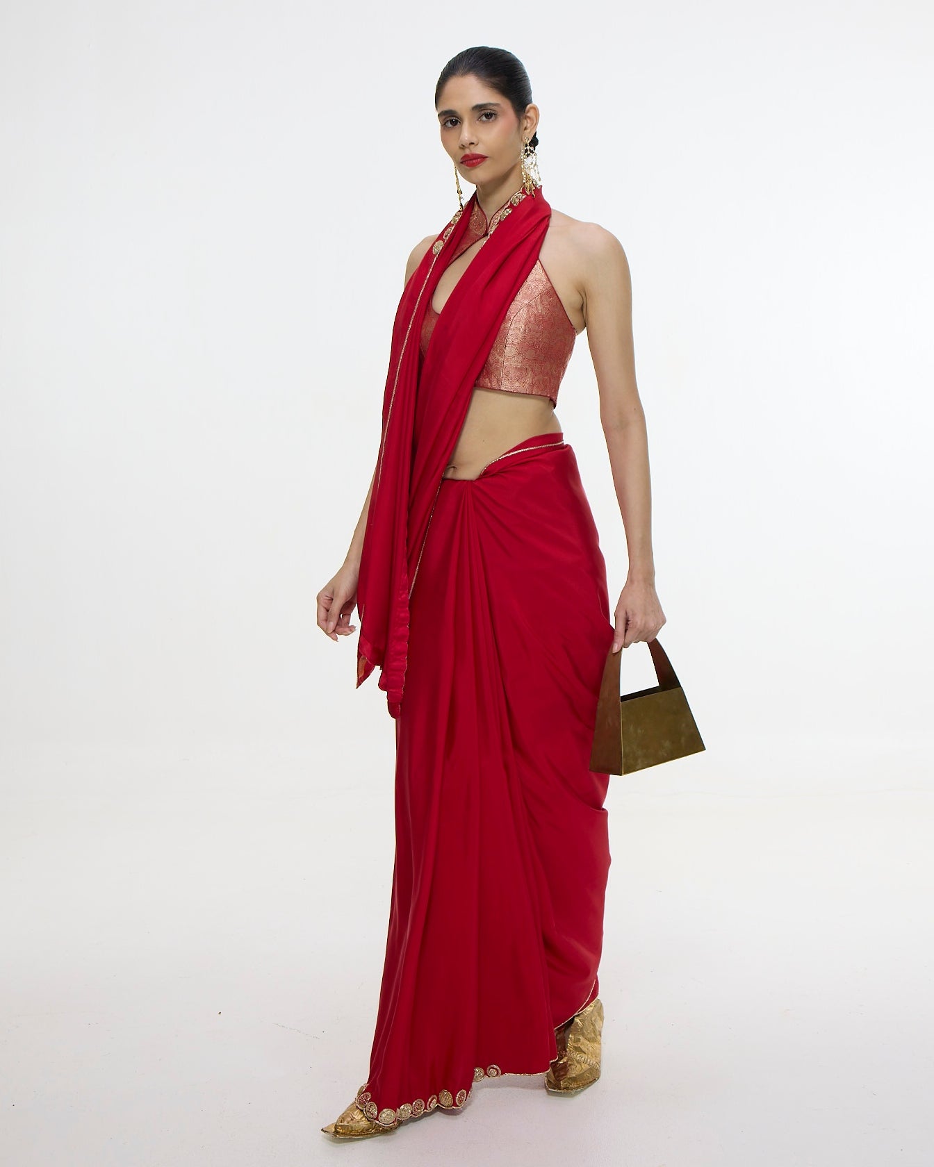 Handwoven Embroidered Vermillion Sari With Gold Button Detailing