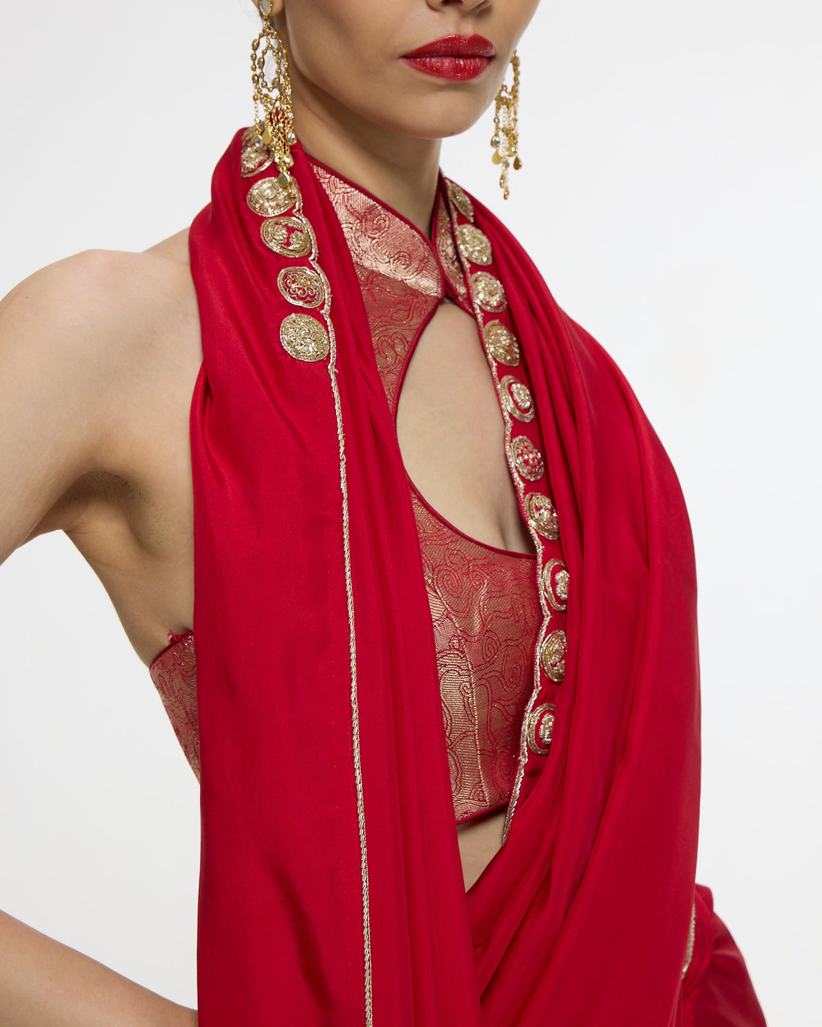 Handwoven Embroidered Vermillion Sari With Gold Button Detailing