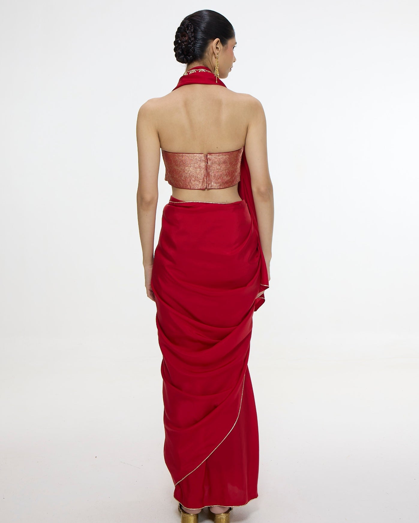 Handwoven Embroidered Vermillion Sari With Gold Button Detailing