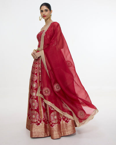 Handwoven Ruby Red Lehenga Set