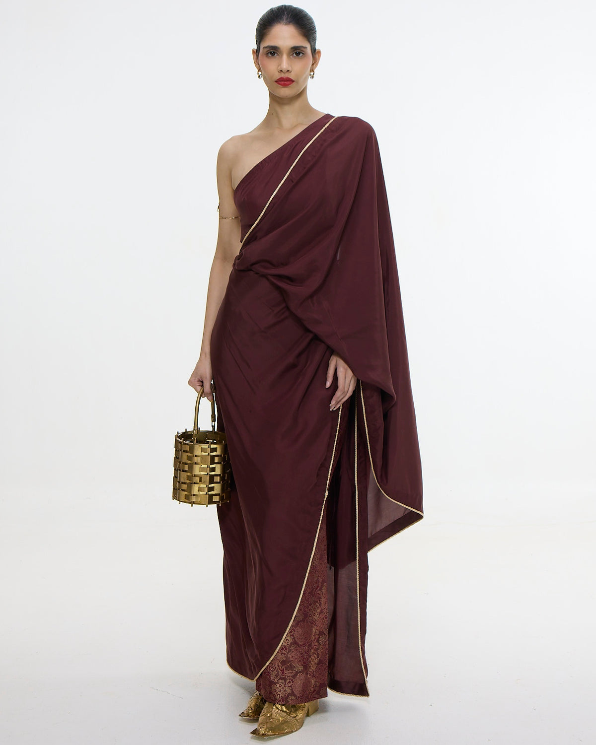 Pre Draped Handwoven Chestnut Mashroo Silk Sari