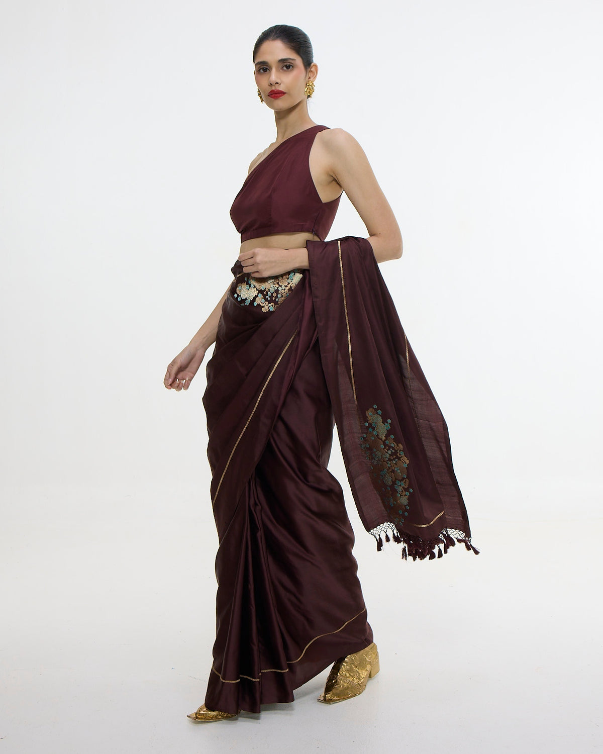 Handwoven Burgundy Sari With Embroidered Panel