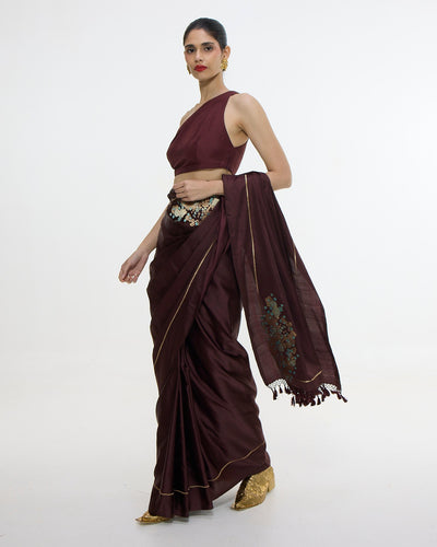 Handwoven Burgundy Sari With Embroidered Panel