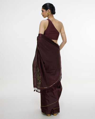 Handwoven Burgundy Sari With Embroidered Panel