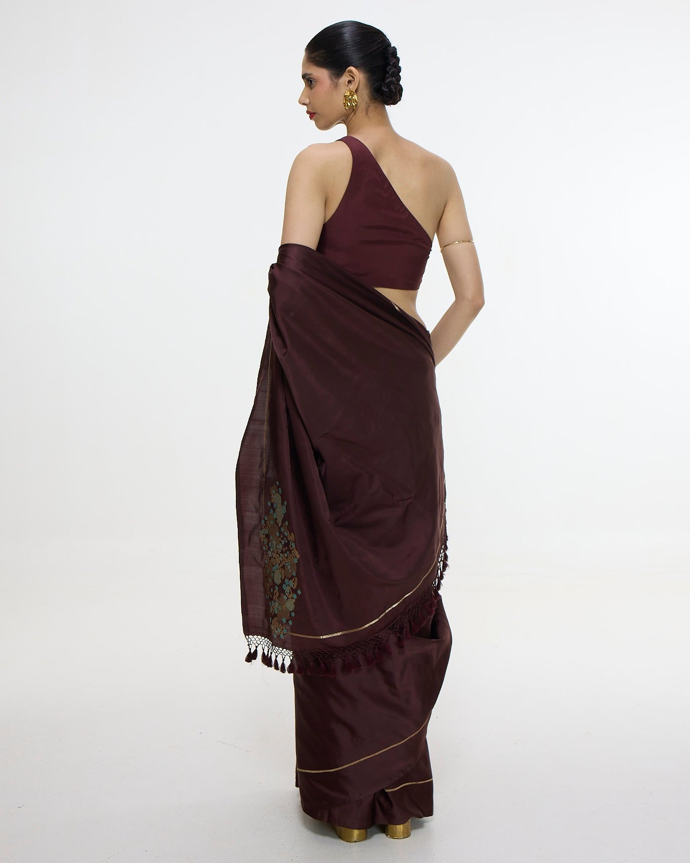 Handwoven Burgundy Sari With Embroidered Panel