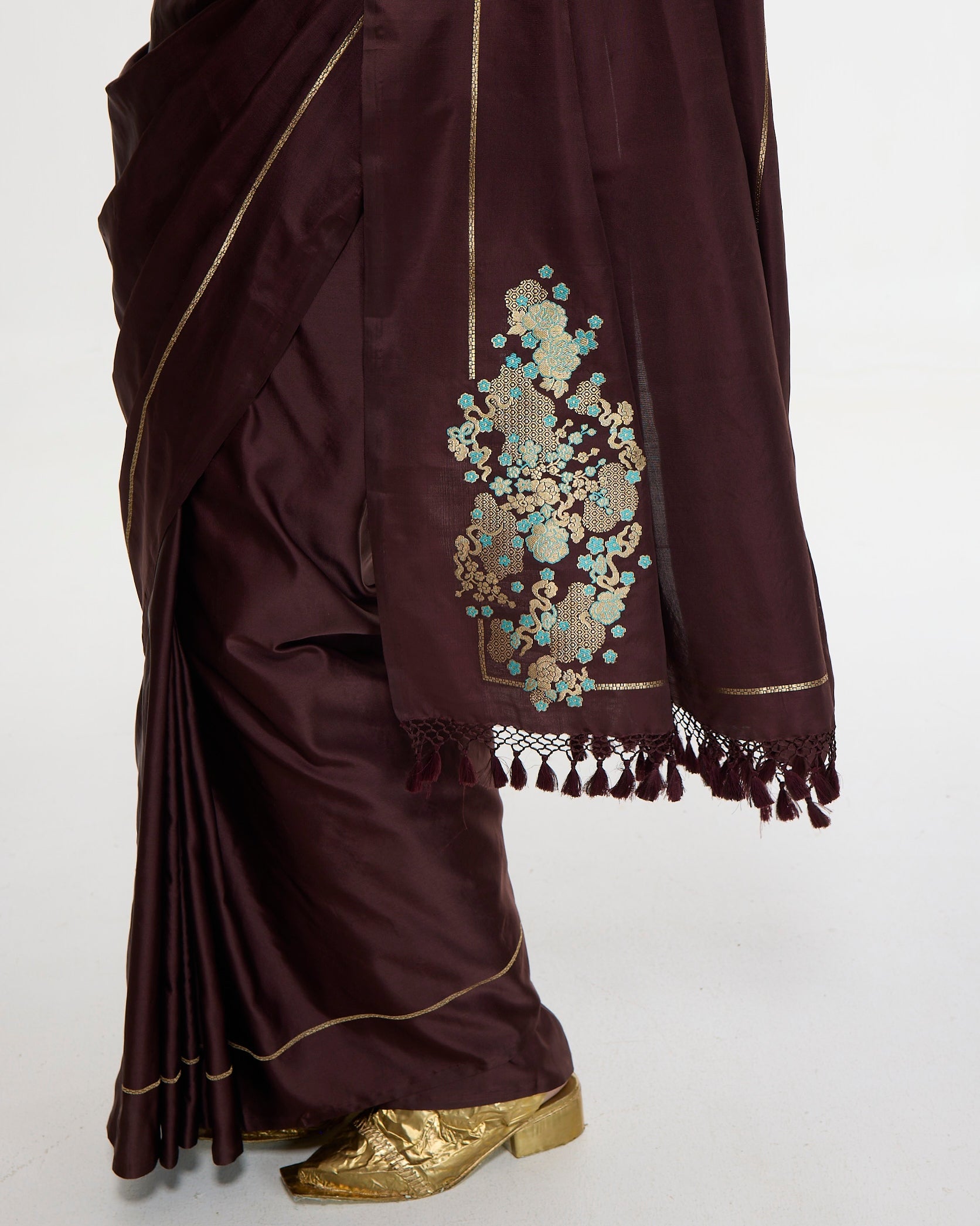 Handwoven Burgundy Sari With Embroidered Panel